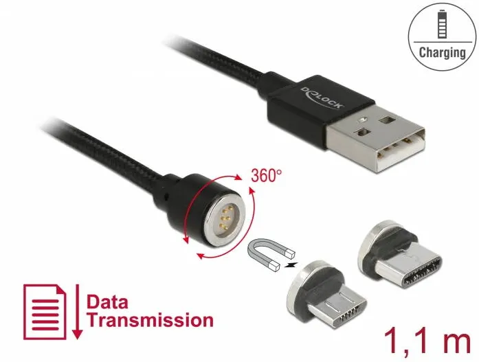 DELOCK Set cablu magnetic pentru date USB si incarcare pentru Micro USB / USB Type-C negru 1,1 m