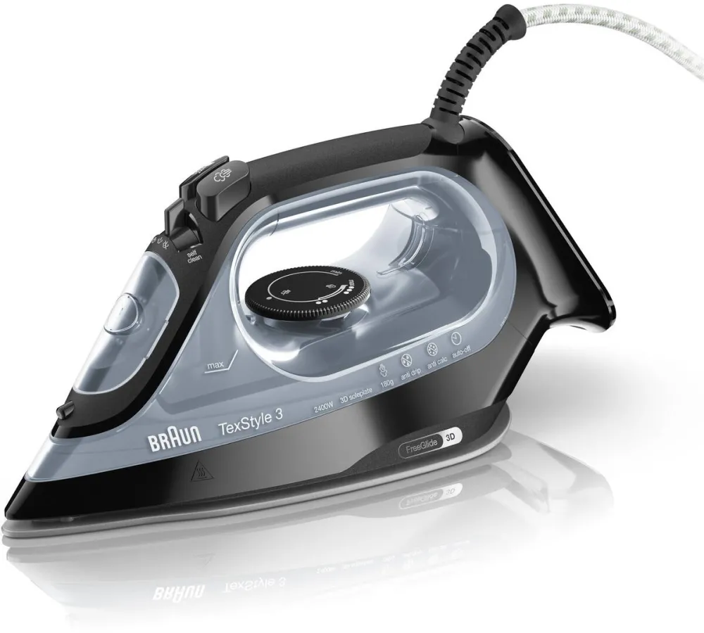 BRAUN Fier de calcat Braun TexStyle 3 SI3055BK, 2400 W, abur variabil 45g/min, jet de abur 180g/min, rezervor 270 ml, tehnologie FreeGlide 3D, talpa Super Ceramic, Negru
