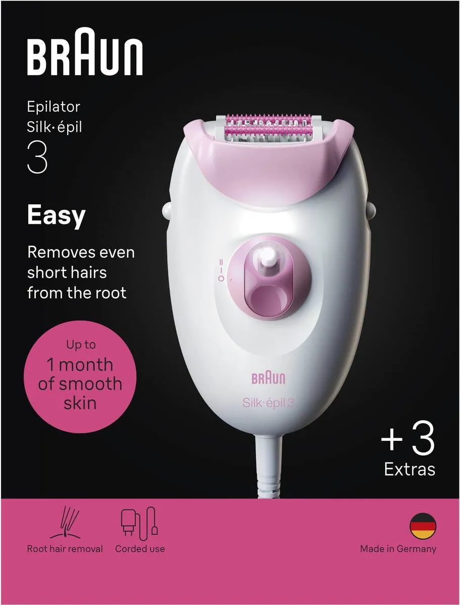 BRAUN Epilator Silk-épil 3 3-000, MicroGrip, Smart Light, 20 de pensete, 2 viteze, Saculet de voiaj, Alb/Roz