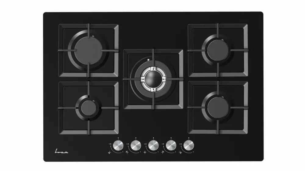 Plita FRAM incorporabila FBH-M705IWF-GBK, Gaz, 5 arzatoare, Gratar fonta, Wok, Aprindere electrica, Dispozitiv de siguranta, 75 cm, Sticla neagra