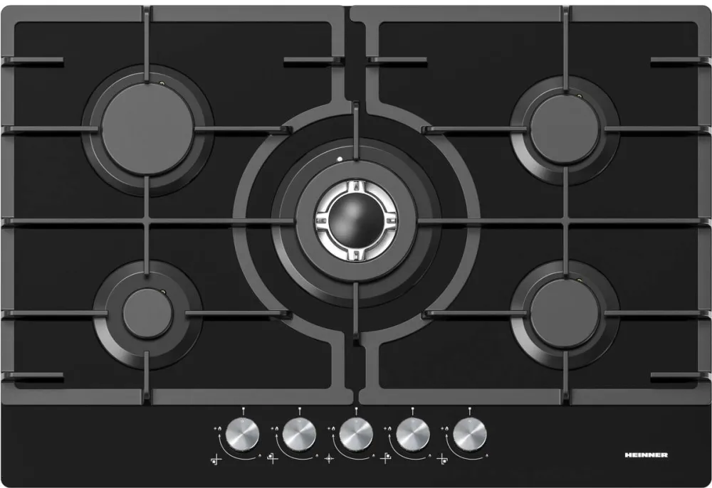 Plita HEINNER incorporabila HBH-M705IWFGBK, Gaz, 5 arzatoare, Gratar fonta, Wok, Aprindere electrica, Dispozitiv de siguranta, 75 cm, Sticla neagra