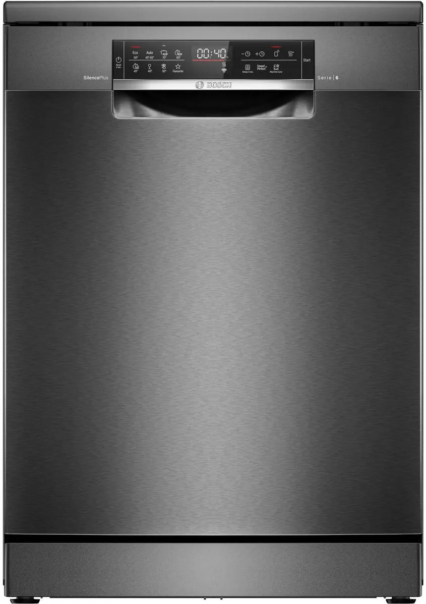 BOSCH Masina de spalat vase SMS6ECC12E, 14 seturi, 8 programe, Touch control, ExtraDry, Sistem Rackmatic, Home Connect, EcoSilence Drive, Tab-count, Clasa A, 60 cm, Inox anti-amprenta negru