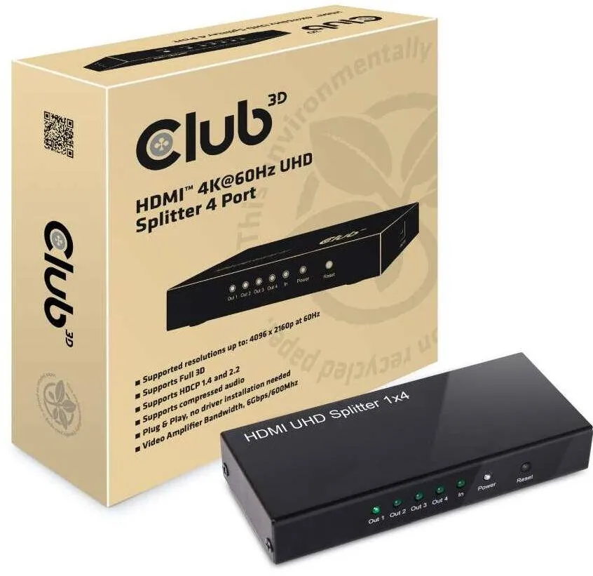Adaptor CLUB 3D HDMI Splitter 1 Intrare -> 4 Iesiri 4K60Hz UHD