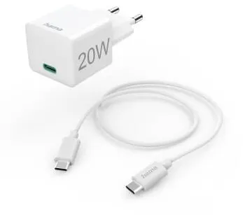 HAMA Fast Charger with USB-C Charging Cable, Mini Charger, PD, 20W, 1 m, white