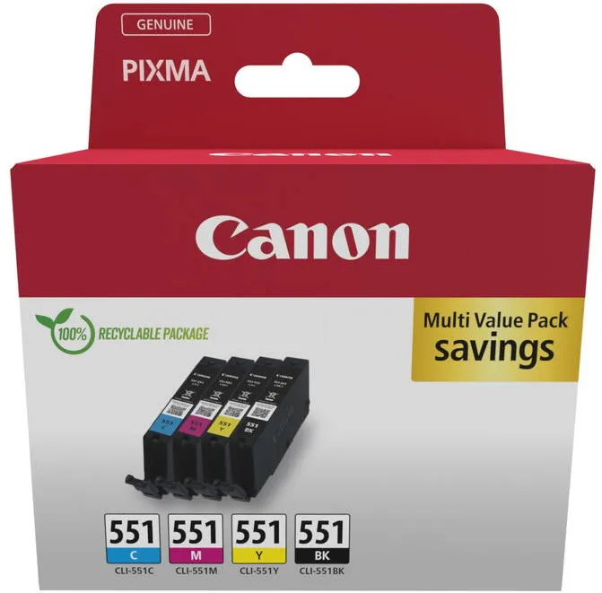 Cartus Imprimanta Canon Combo-Pack Original Canon CMYK, CLI-551, pentru Pixma IP-7250|8750|IX-6850|MG-5450|5550|5650|6350|6450|6650|7150|7550|MX-725|925, 7ml, (timbru verde 0.60 lei), "6509B015AA"