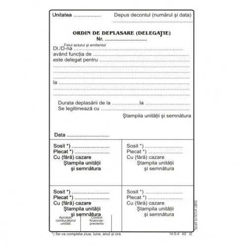 Formulare tipizate Ordin deplasare, format A5, 100 coli/carnet