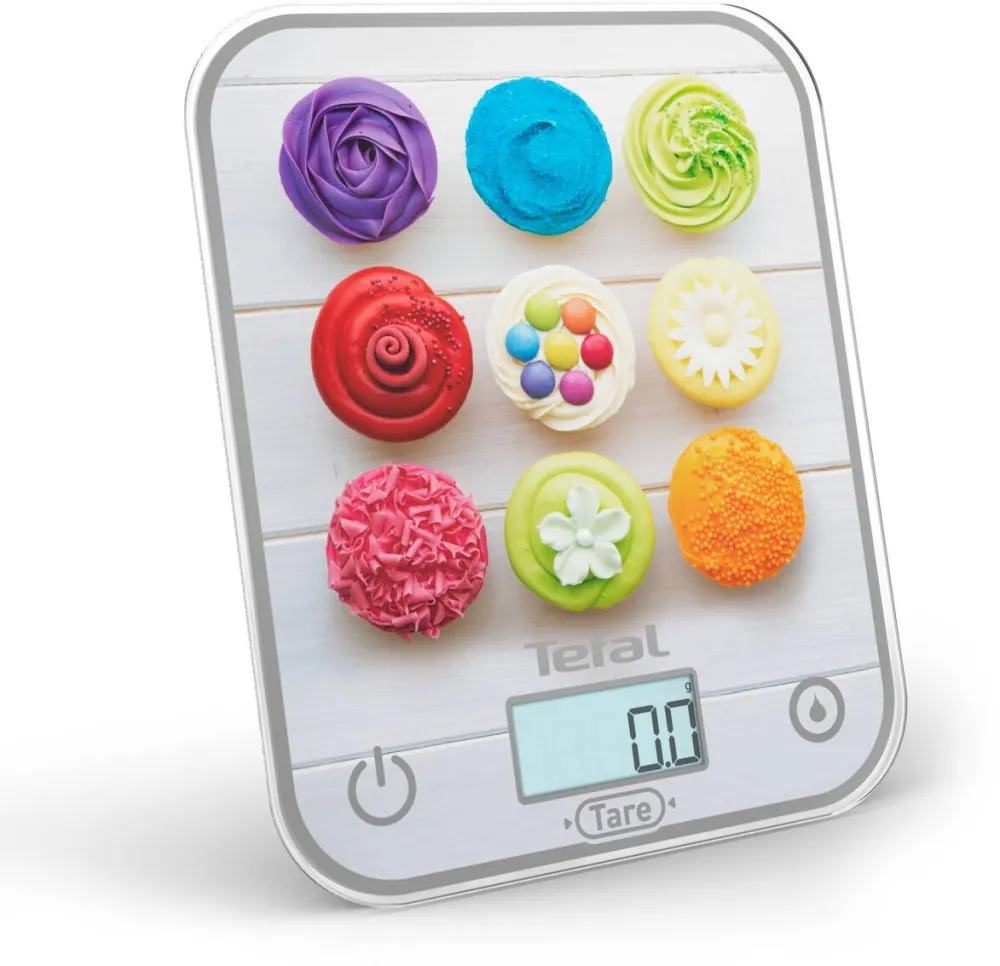 TEFAL Cantar de bucatarie Optiss Cupcakes BC50D4V0, 5 kg, sticla securizata, functie Tara, functie de cantarire a lichidelor, precizie 0.5g, afisaj LCD, carlig de agatat, multicolor