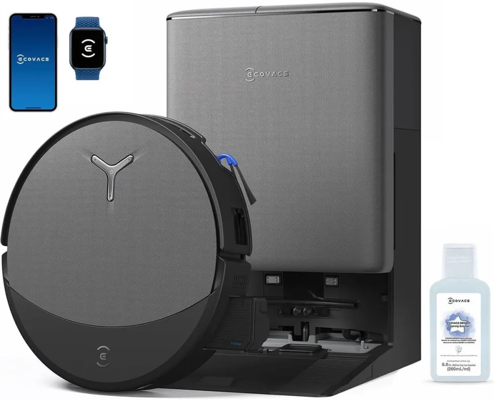 Ecovacs Robot de aspirare DEEBOT T90 Pro OMNI, 30000Pa, 350min, Statie OMNI 75°C (Auto-Golire, Realimentare Apa, Dozare Solutie, Autocuratare, Uscare 63°C), ZeroTangle 4.0, AIVI 3D 4.0, TrueMapping 2.0, Triple Lift, PowerBoost, YIKO GPT, Negru