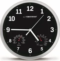 Esperanza Ceas de perete EHC016K, model Lyon, termometru si higrometru, cadran argintiu, fond negru,25 cm