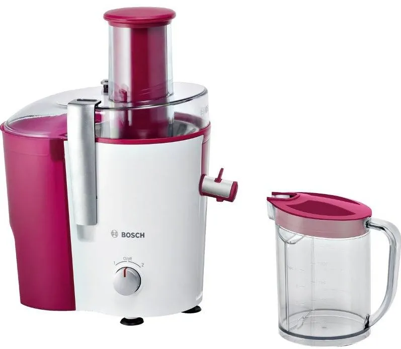 BOSCH Storcator de fructe si legume MES25C0, 700 W, Recipient suc 1.25 l, Recipient pulpa 2 l, 2 Viteze, Tub de alimentare 73 mm, Rosu/Alb