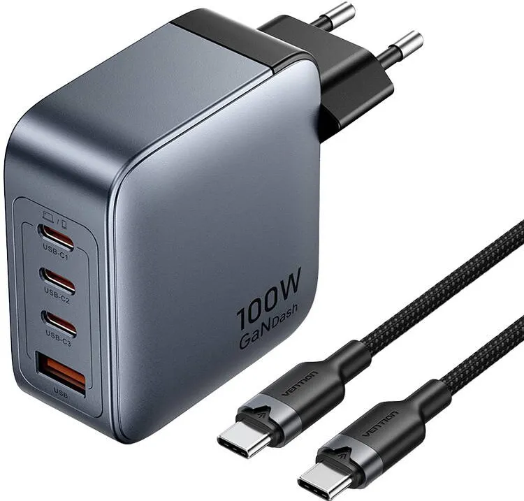 Vention  2x USB-C, 2x USB-A, (100W/100W/30W/30W) power charger (grey) with USB-C to USB-C cable (1m) (black)