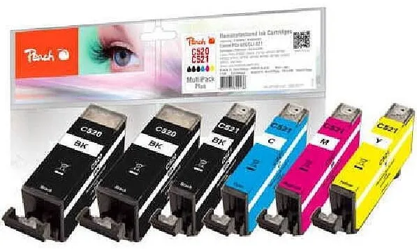 Cartus Imprimanta Peach PGI-520/CLI-521 MultiPack Plus, repasate, randament mare, negru/cyan/magenta/galben, Set 6 buc, 2x19ml/4x9ml