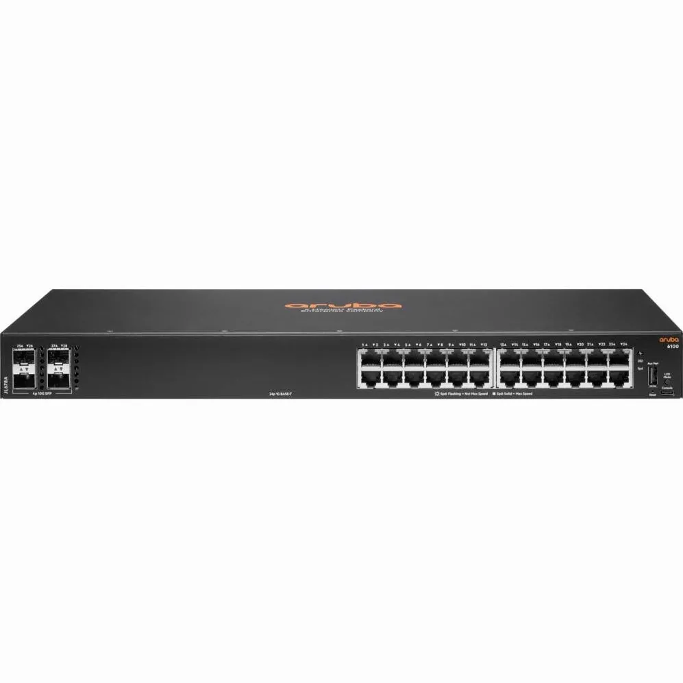 Switch HP Switch Aruba 6100 24G, 24 porturi 10/100/1000BASE-T, 4 porturi SFP+, Standarde IEEE 802.1D, IEEE 802.1Q, IEEE 802.1p, IEEE 802.1s, IEEE 802.1w, IEEE 802.3, IEEE 802.3ab, IEEE 802.3ad, IEEE 802.3az, IEEE 802.3x