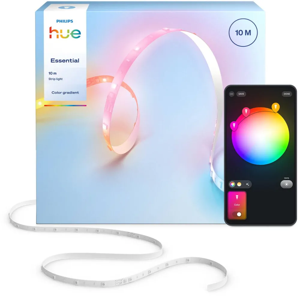 Philips Hue Banda LED smart Hue Essential de 10 metri, RGBIC, culori vibrante si ambianta, iluminare flexibila pentru interior, instalare usoara, control prin aplicatie si comanda vocala, compatibila cu Alexa, Google Assistant si Apple Home