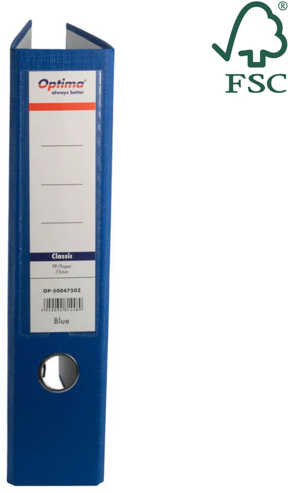 Optima - Clasic & Premium Biblioraft A4, plastifiat PP/paper, margine metalica, 75 mm, Optima Classic - albastru
