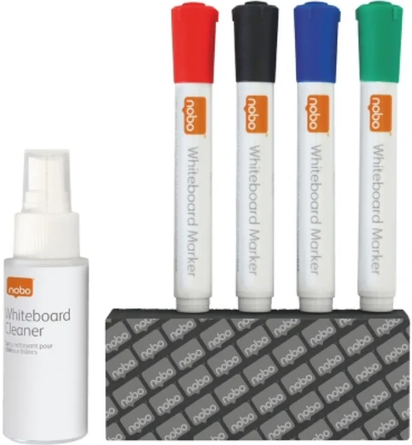 Nobo Kit pentru tabla NOBO, 4 markere diverse culori, burete magnetic, spray curatare 50 ml
