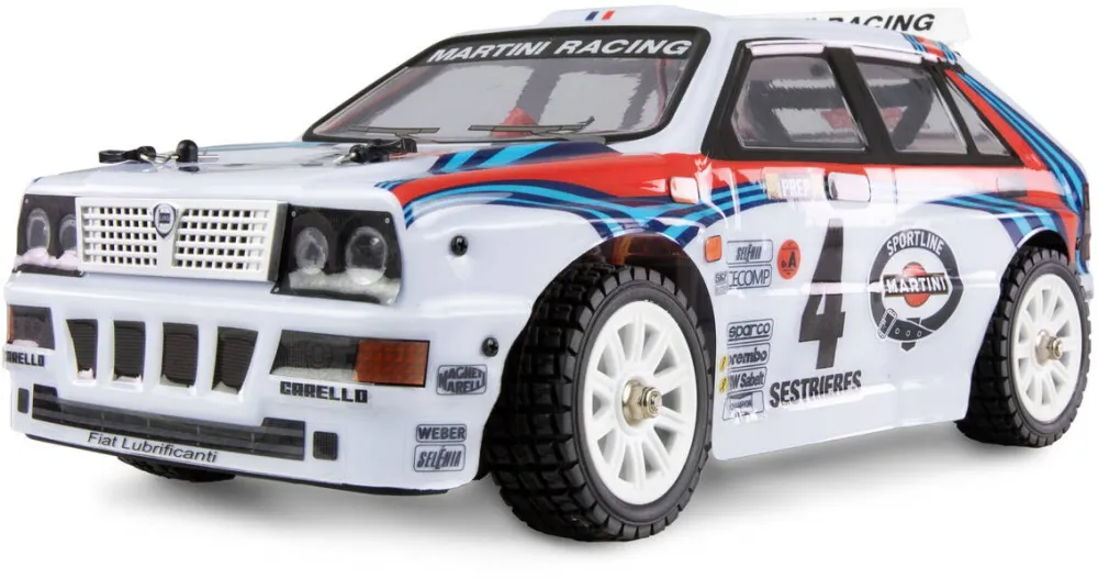 Jucarie creativa AMEWI Masina RC cu telecomanda Lancia Delta HF Integrale Martini Racing Rally/Drift, 45Km/h, Tractiune 4x4, Lungime 32cm, Scara1:14, 2.4Ghz, 3 canale, Viteza si directie proportionala, Angrenaje metal, Lumina LED, RTR, 14+