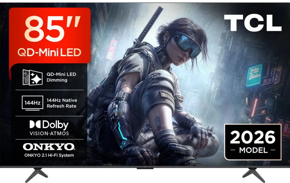 Televizor TCL QD-MiniLED 85T8D, 215 cm, Smart Google TV, 4K Ultra HD, 144Hz, Onkyo