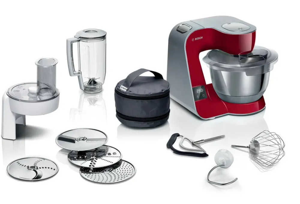 BOSCH Robot de bucatarie Bosch MUM5X720, cu cantar integrat, 1000 W, Bol otel inoxidabil 3.9 l, blender 1.25 l, 7 viteze+impulse, mixare planetara 3D, rosu