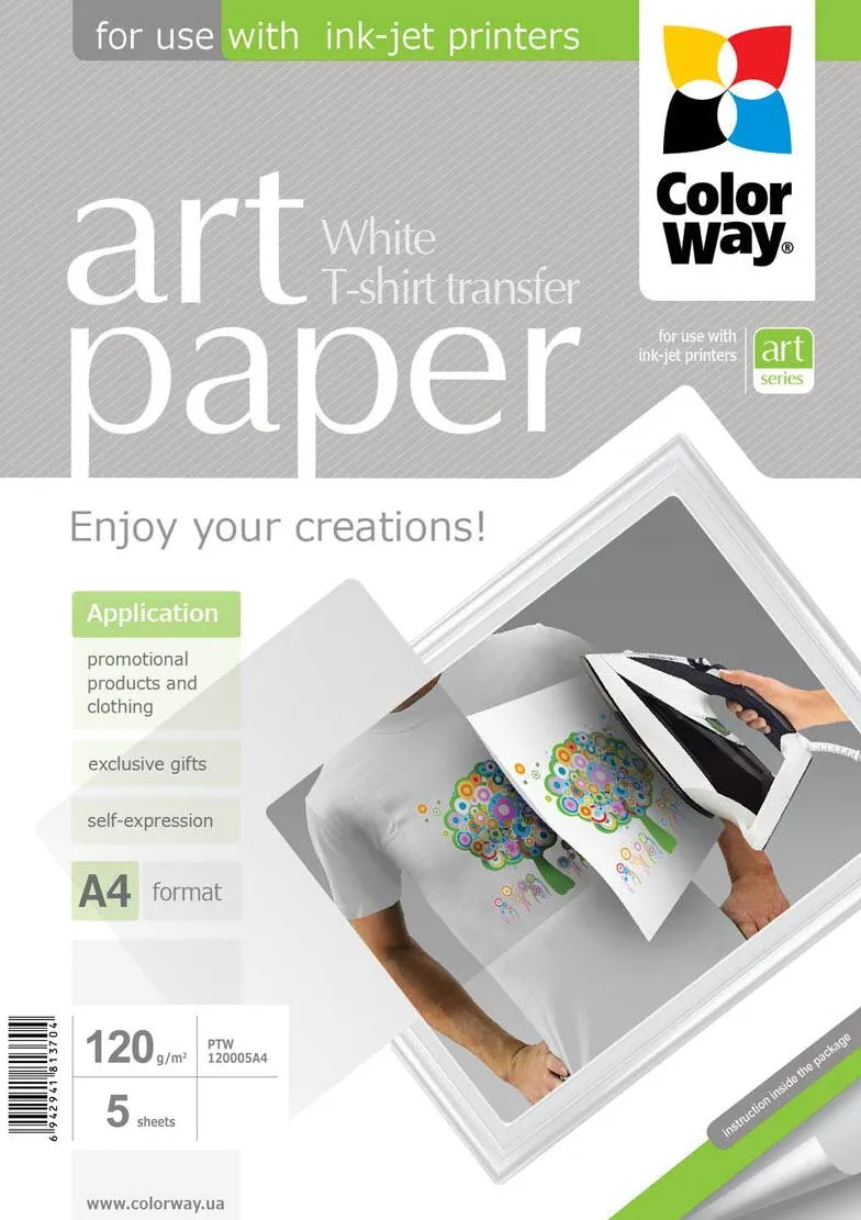 Hartie Foto ColorWay ART Photo Paper T-shirt transfer (white), A4, 120 g/m2, 5 sheets