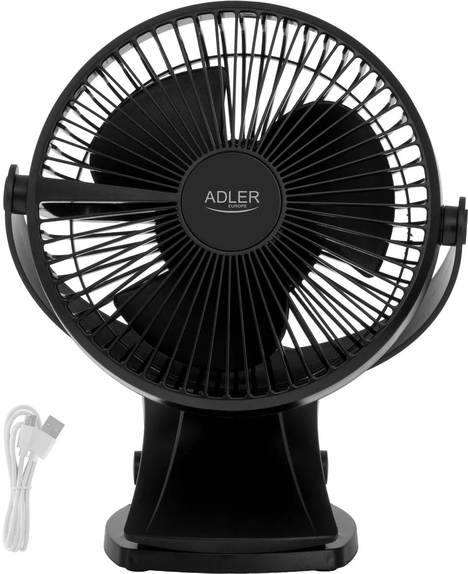 Adler AD 7342 Rechargeable Clip-on Desk Fan, 15.5 cm, 360° Rotation, USB-C, Black