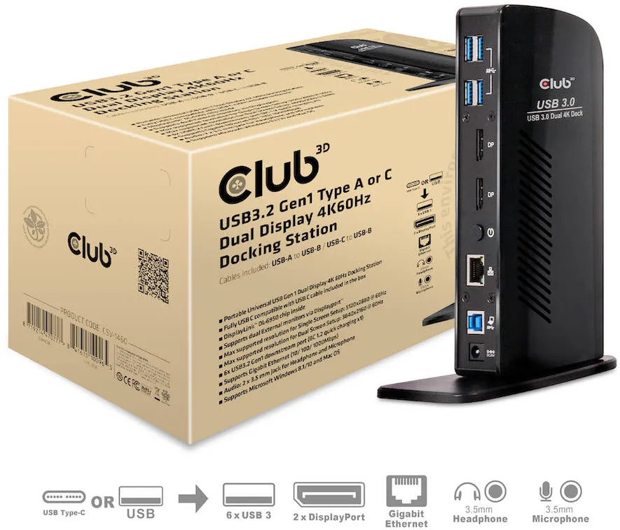 Docking Station CLUB 3D USB3.2 Gen1 Type A or C Dual Display 4K60Hz DisplayLink® Certified