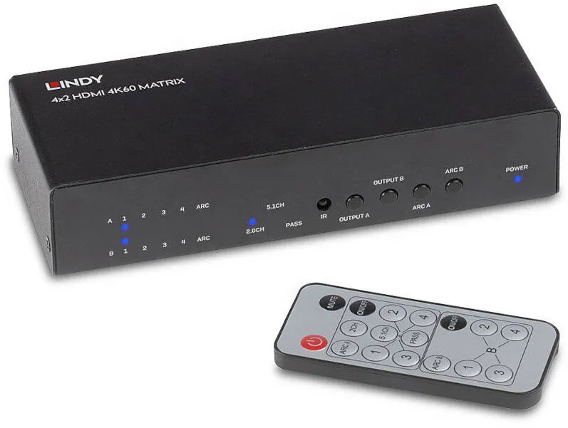 Adaptor Lindy Switch HDMI 4K 60Hz, 4x HDMI In, 2x HDMI Out