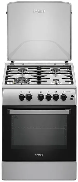 Aragaz SM664XPGS1, 4 arzatoare gaz, cuptor gaz, aprindere electrica plita, timer, grill, sigurante plita si cuptor, Inox/laterale argintii