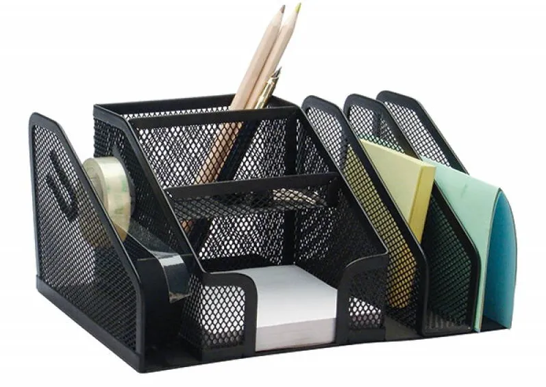 Q-CONNECT Organizer metalic Mesh, de birou, 6 compartimente + suport banda adeziva, Q-Connect - negru