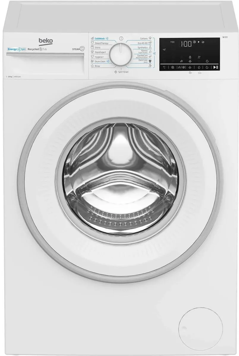 BEKO Masina de spalat rufe Beko B3WFU410415WWES, 10 kg, 1400 RPM, Clasa A, Motor ProSmart Inverter, Recycled Tub, Hygiene+, SteamCure, IronFast, AddXtra, Alb