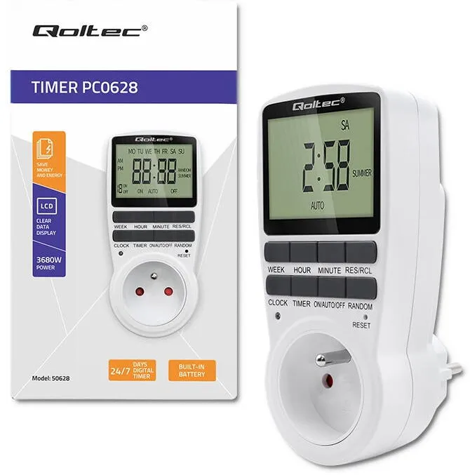 QOLTEC Dispozitiv masurat curent electric, Qoltec, 50628, PC0628,3680W, 16A, LCD, Gestionarea Iluminatului, Pana La 10 Setari De Pornire/Oprire Pe Zi, Functie De Anulare Manuala, 135 x 60 x 75 mm, Alb