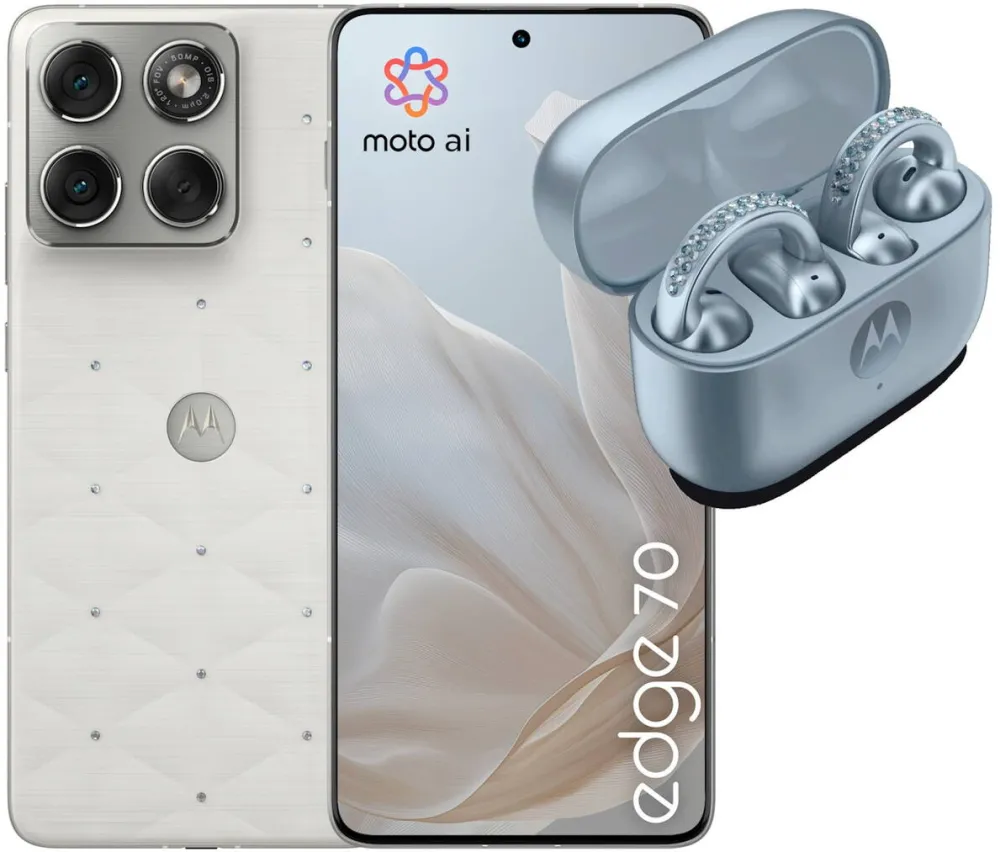 Smartphone MOTOROLA Edge 70, 512GB, 12GB RAM, 5G, Pantone Cloud Dancer, Swarovski + Casti moto buds loop, Sound by Bose, Swarovski