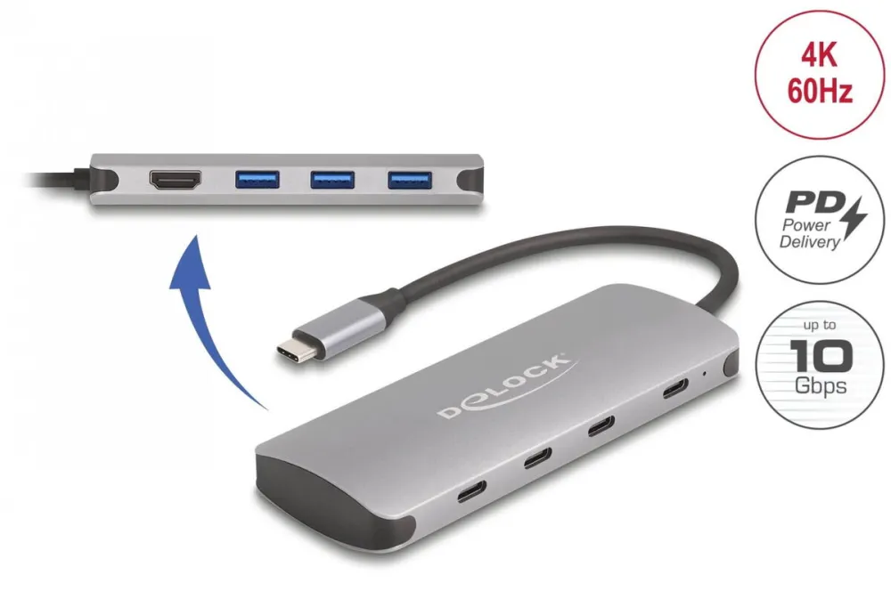 Hub USB DELOCK Adaptor USB 3.2 type C la HDMI + 3 x USB-A + 3 x USB-C + PD 90W, Delock 64323