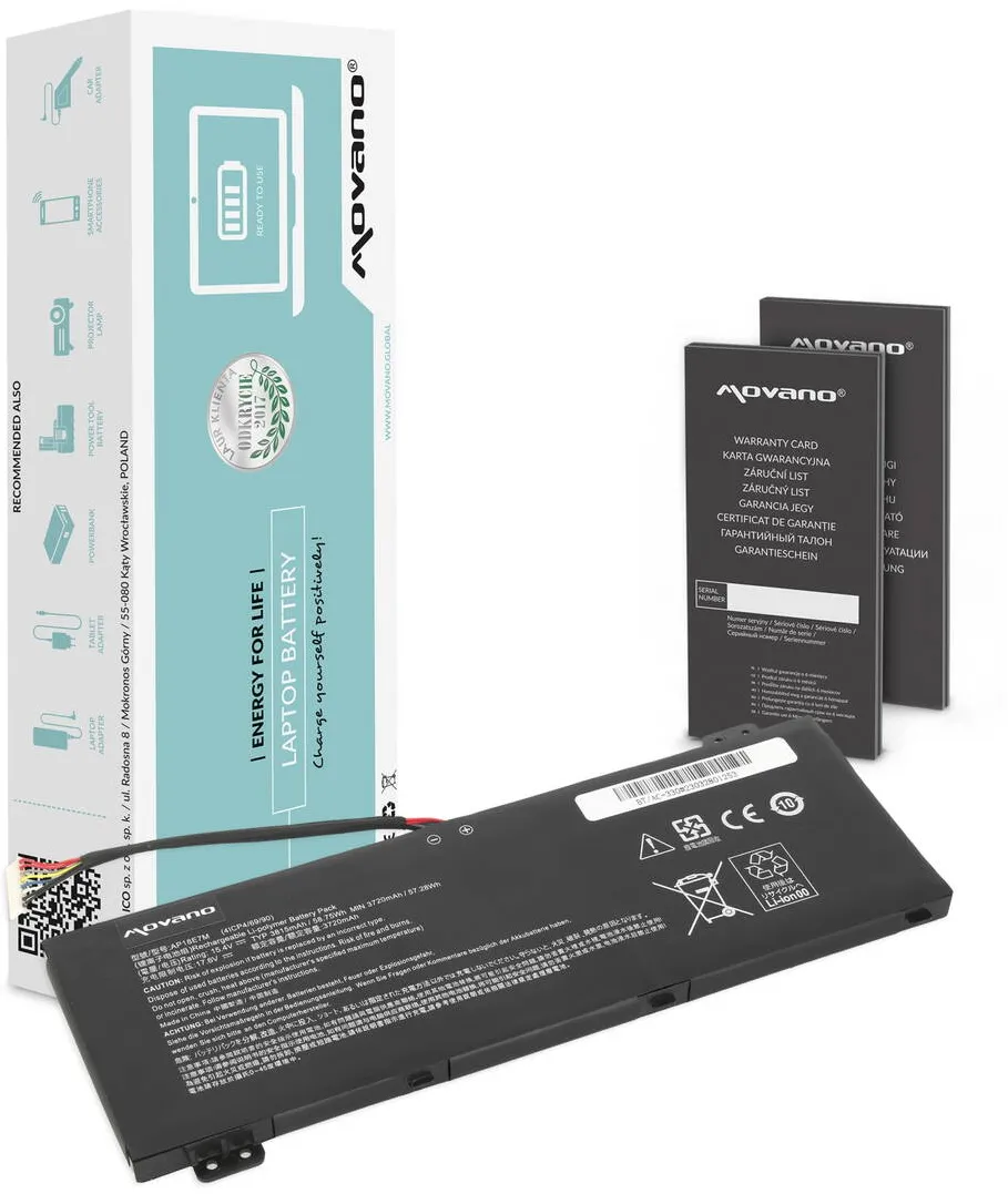 Acumulator Laptop Movano pentru Acer Predator Helios 300, Nitro 5, 3815mAh, 15.4V, 4 celule Li-Polymer, CE ROHS, set complet