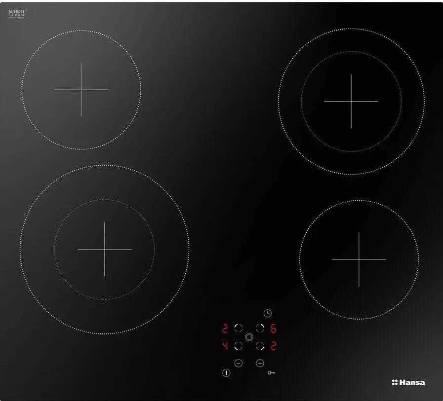 Plita HANSA incorporabila BHC96508, Vitroceramica, 4 zone de gatit, HeatControl, Temporizator, Control touch, Timer, 60 cm, Negru