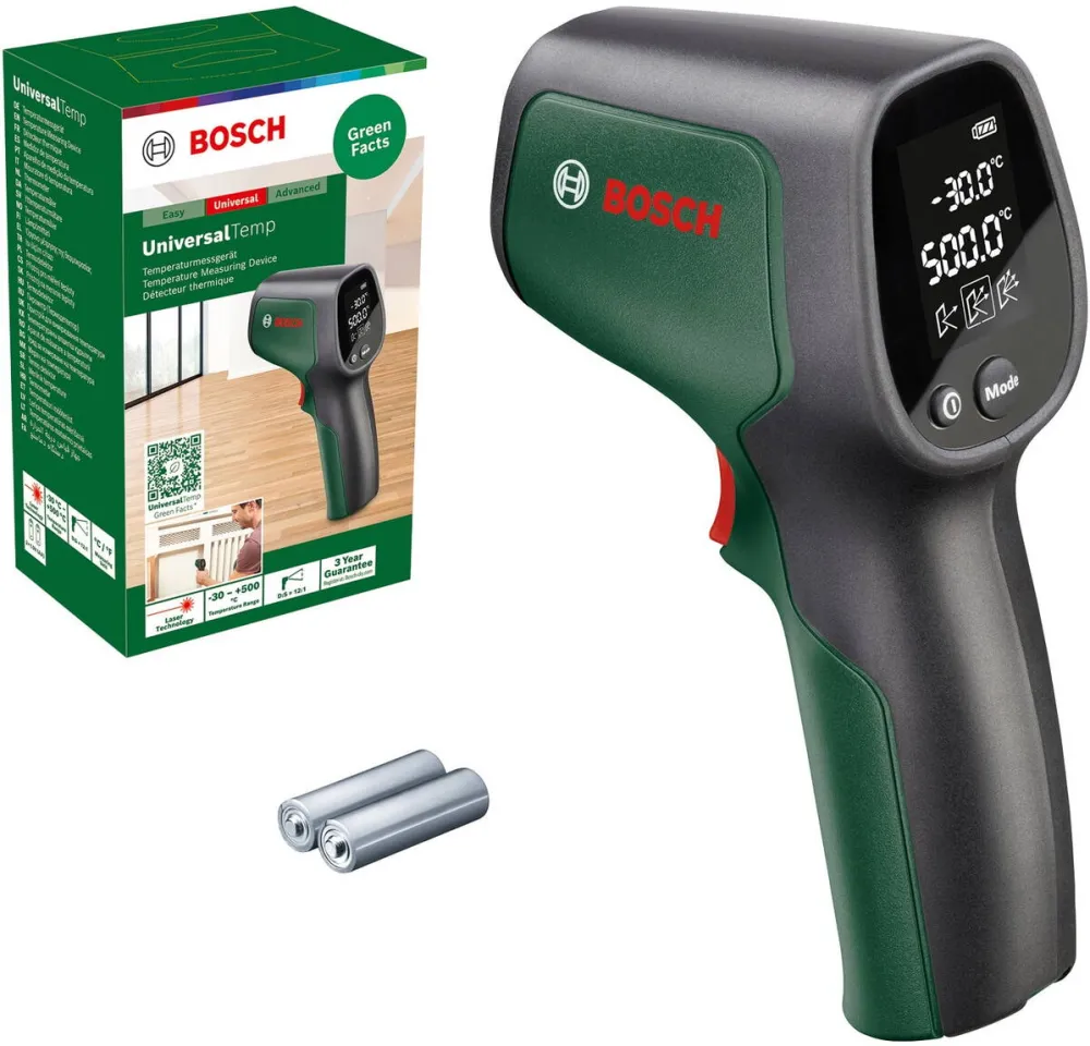 BOSCH Termodetector Bosch UniversalTemp 06036831Z0, tehnologia sa cu laser cu infrarosu are un domeniu vast de masurare de la -30 °C pana la +500 °C, afisaj retroiluminat lizibil