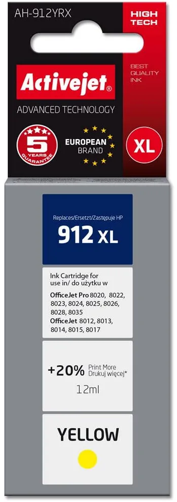 Cartus Imprimanta ACTIVEJET Activejet AH-912YRX Ink Cartridge (replacement for HP 912XL 3YL83AE; Premium; 990 pages; 12 ml, yellow)