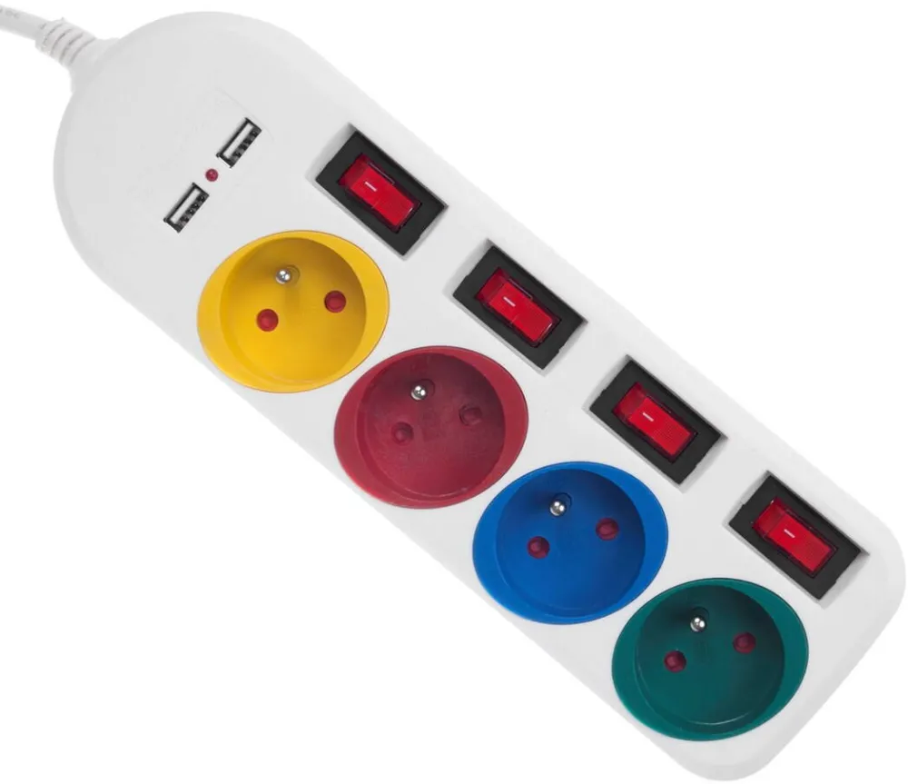 MACLEAN power strip, extender 4 sockets + 2xUSB, with switches, 250VAC/10A, 2.1A 5V, 1.5m, white, MCE229 W