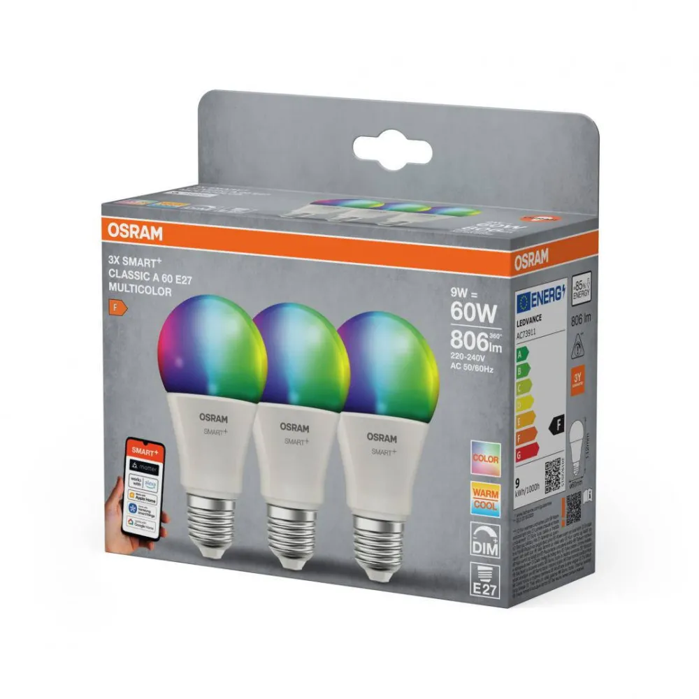 Osram 3 Becuri LED RGB inteligente SMART+ Matter over WiFi Classic Multicolour A ,E27, 9W (60W), 806 lm, lumina alba si color (2700-6500K)