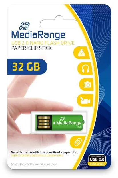 Memorie USB MediaRange Nanostick 32GB cu functie de clipsare, verde