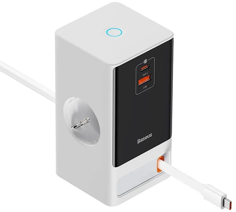 Baseus PowerCombo Powerstrip, QC 65W, 2xAC, 1 x integrat retractabil USB Type-C Output 5V/3A, 1xUSB, 1.5m, alb "PSLR000602" - 6932172628604