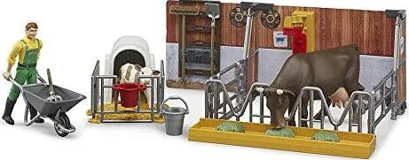 Set de joaca BRUDER bworld 62611 grajd pentru vaci si vitel cu fermier 1:16