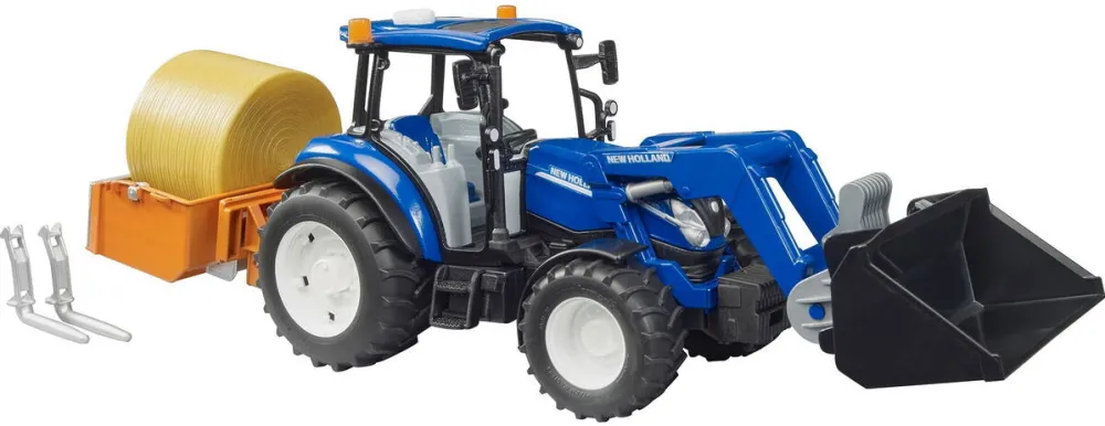 Masina BRUDER New Holland T5.120 with front loader, loading box, forks and round bales, model vehicle