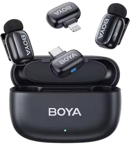 Microfon BOYA Set 2 microfoane wireless, BOYA, Mini iPhone Lightning & Type-C, 2,4GHz, cutie de incarcare