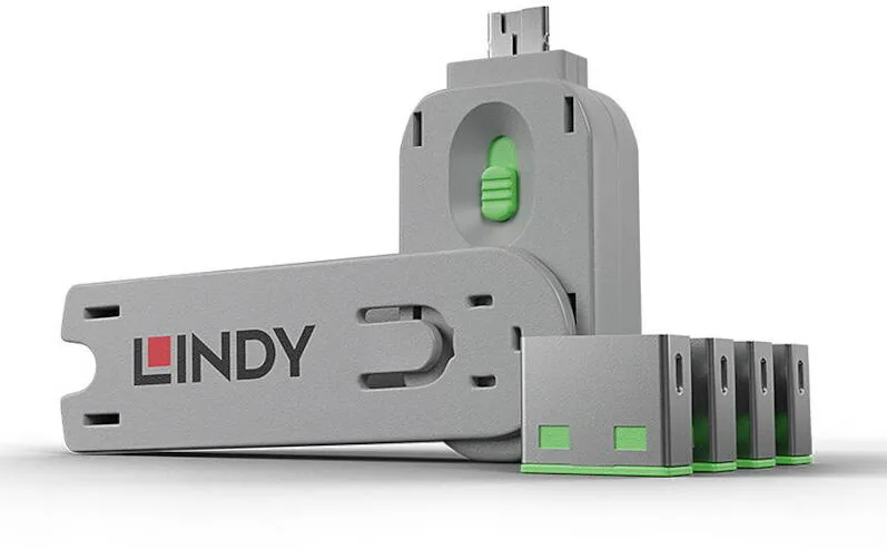 Adaptor Lindy Dispozitiv blocare port USB tip A, 4 bucati + cheie, verde
