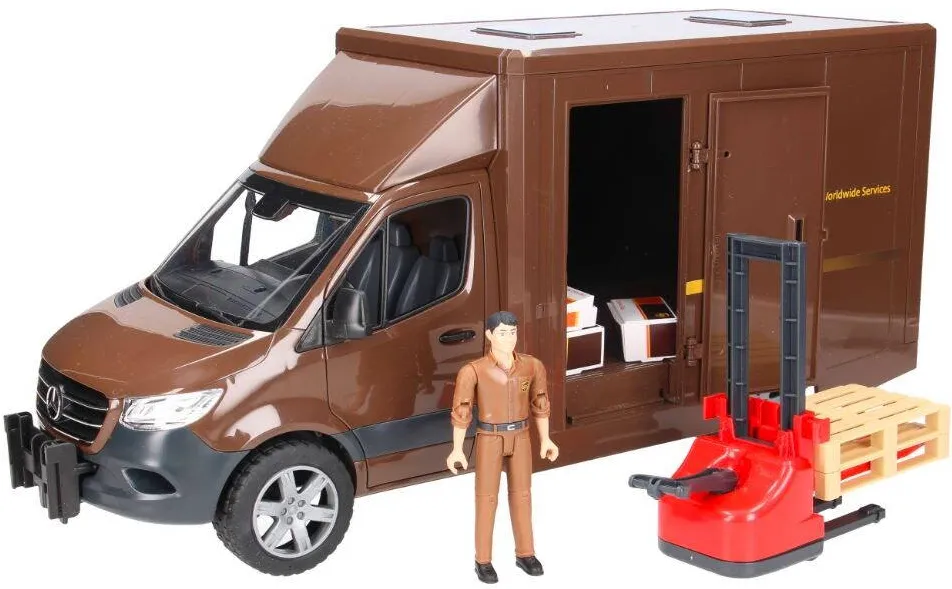 Masinuta BRUDER Mercedes-Benz Sprinter UPS cu sofer si accesorii