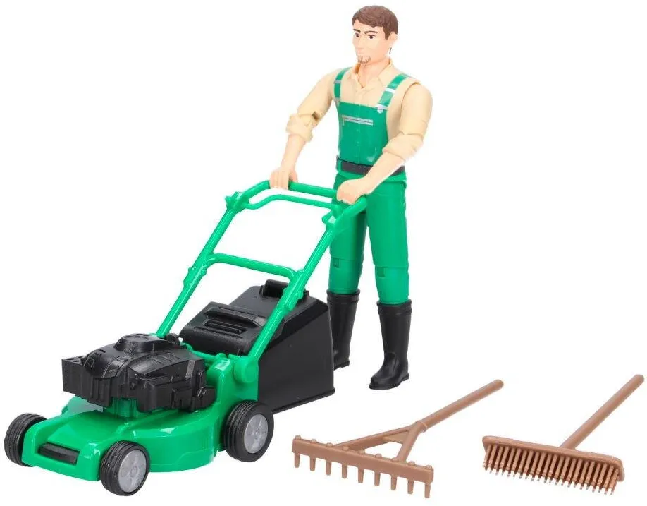 Figurina BRUDER Figurina gradinar cu masina de tuns iarba si accesorii