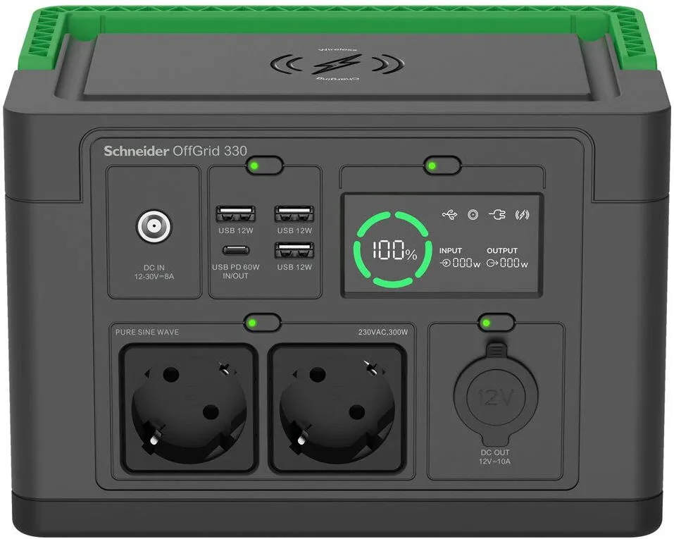 APC OffGrid Portable Power Station 330, 230V, 332Wh Lithium-ion, LCD, 2 CEE 7/3 Schuko outlets, Sinewave, 3 USB-A, 1 USB-C, Wireless Charger