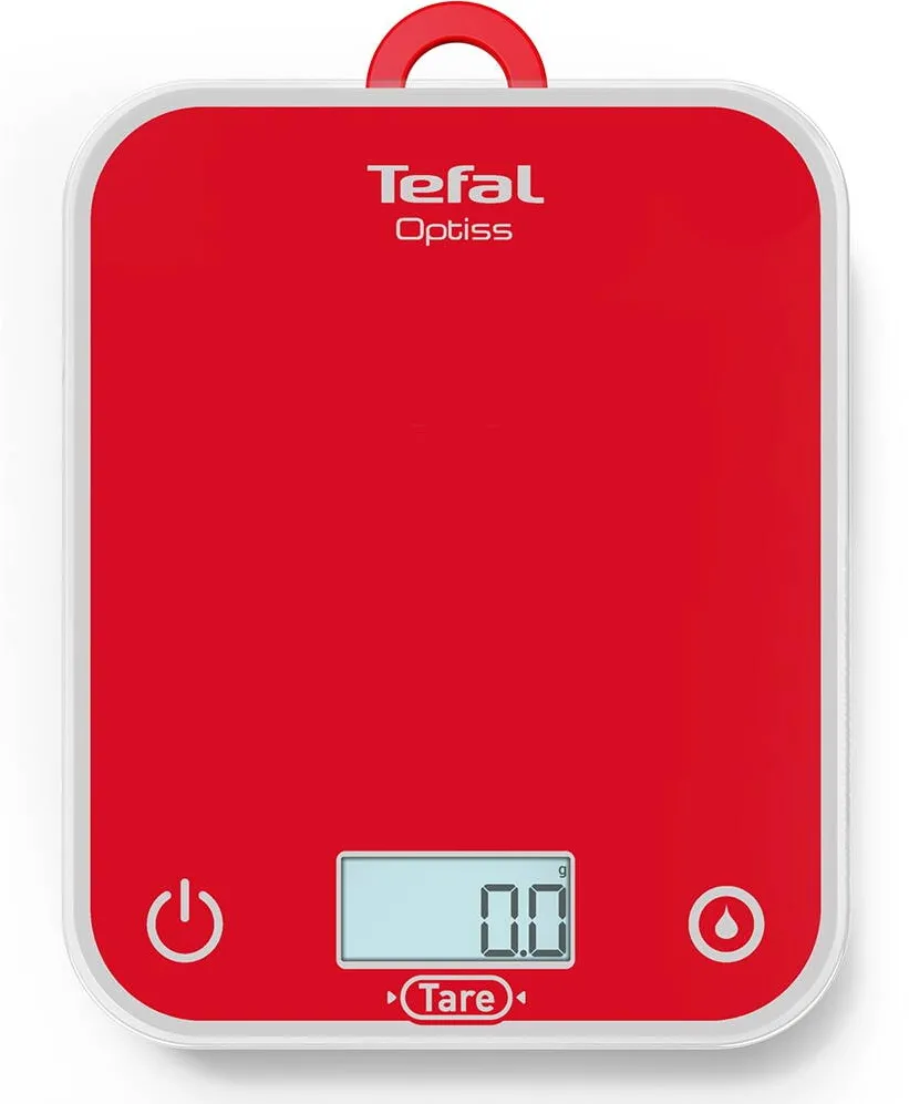 TEFAL Cantar de bucatarie Optiss BC50U3V0, 5 kg, sticla securizata, functie Tara, functie de cantarire a lichidelor, precizie 0.5g, afisaj LCD, carlig de agatat, rosu