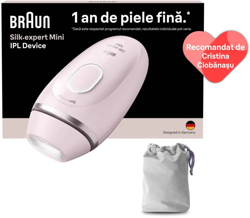 BRAUN Epilator IPL Braun IPL Silk·expert Mini PL1111, SensoAdapt, 300.000 impulsuri, 3 niveluri de intensitate, Corp si fata, Aparat de ras Venus, Saculet de calatorie, Roz